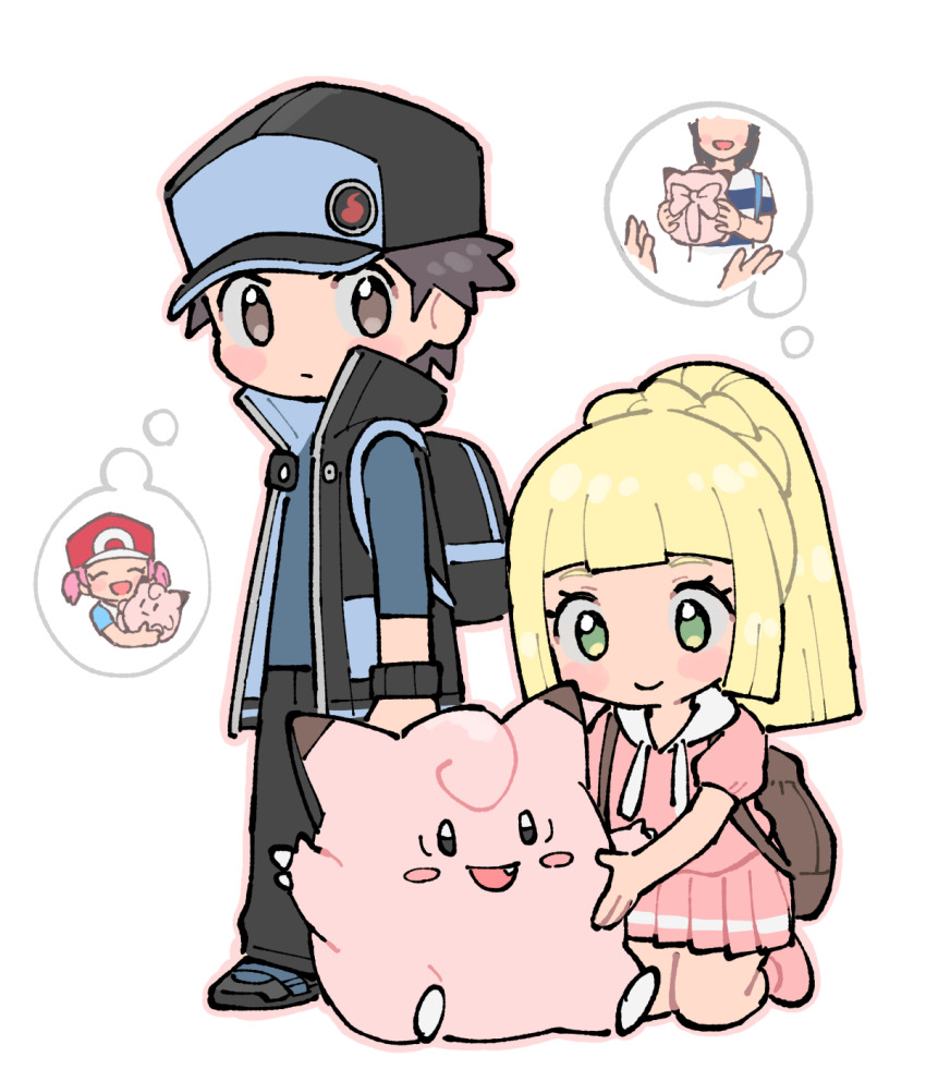 backpack bag black_hair black_vest blonde_hair blue_hat blue_shirt braid brown_eyes character_doll character_request clefairy commentary_request elio_(pokemon) game_freak gen_1_pokemon green_eyes hat highres hood hoodie kneeling lillie_(pokemon) miniskirt nintendo official_alternate_color pink_hoodie pink_skirt pleated_skirt pokemon pokemon_(creature) pokemon_masters_ex pokemon_sm ponytail ponytail_with_braided_base pumpkinpan red_(pokemon) red_(sygna_suit)_(pokemon) shirt skirt vest