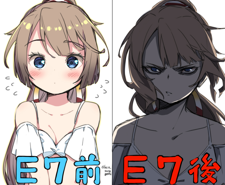 1girl bags_under_eyes before_and_after bikini blue_eyes brown_hair collarbone commentary_request flat_chest hair_ribbon kantai_collection kazagumo_(kancolle) kazagumo_kai_ni_(kancolle) kazagumo_kai_ni_(swimsuit)_(kancolle) laco_soregashi long_hair looking_at_viewer multiple_views one-hour_drawing_challenge ponytail ribbon simple_background swimsuit translation_request white_background white_bikini