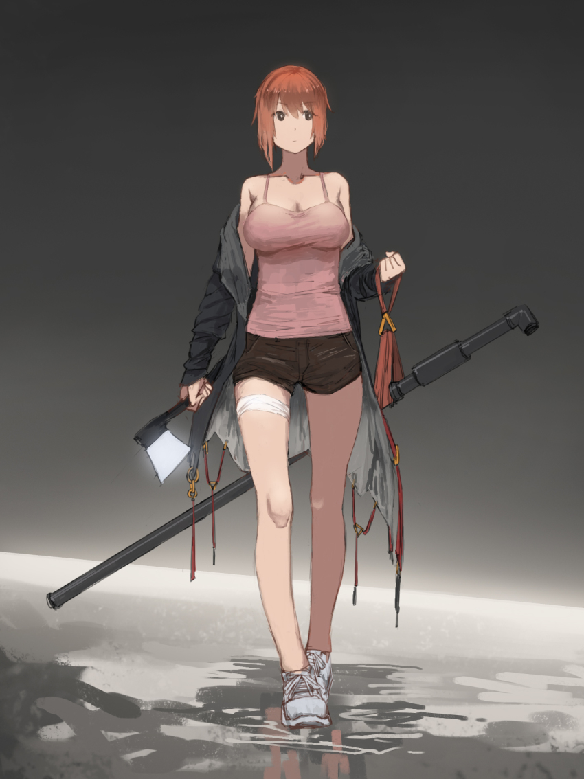 1girl axe black_eyes breasts cleavage danzir highres holding holding_weapon jacket large_breasts looking_away medium_hair original puddle red_hair reflection shoes short_shorts shorts smoking_pipe solo standing weapon