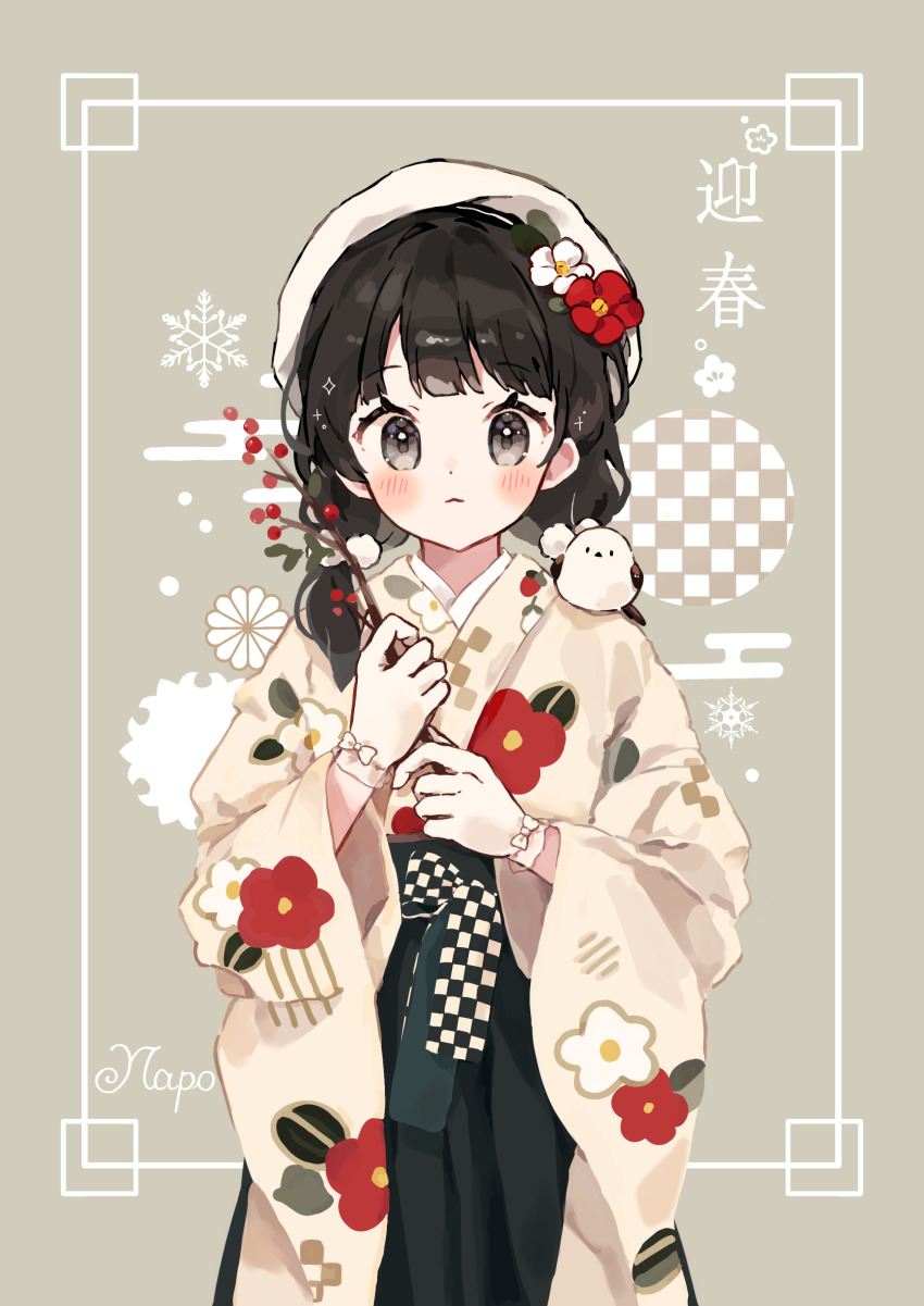 1girl abstract_background absurdres animal animal_on_shoulder artist_name beret bird bird_on_shoulder black_eyes black_hair black_hakama blush border bow brown_background brown_kimono checkered_bow checkered_clothes choppy_bangs closed_mouth commentary_request cowboy_shot dot_nose expressionless floral_print floral_print_kimono flower frilled_wristband hair_flower hair_ornament hair_over_shoulder hakama hat highres holding holding_plant ibispaint_(medium) japanese_clothes kimono long-tailed_tit long_hair long_sleeves looking_at_viewer napo_(napo_illust) original plant print_kimono red_flower snowflake_print solo sparkle square standing straight-on tit_(bird) variant_set white_flower wide_sleeves wrist_bow wristband