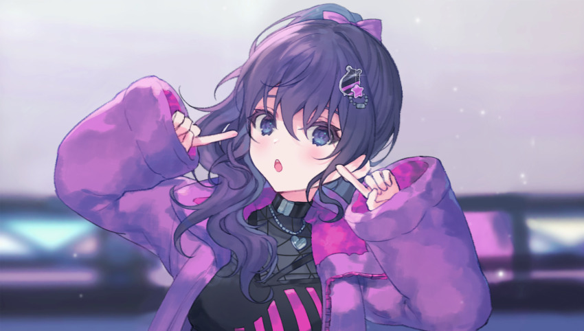 1girl asahina_mafuyu awakening_beat_(project_sekai) black_shirt bow derivative_work hair_bow hamster_hair_ornament heart heart_necklace high_ponytail highres idol_shin&#039;etai_(vocaloid) index_finger_raised jacket jewelry long_hair long_sleeves looking_at_viewer necklace open_mouth pink_bow ponytail project_sekai purple_eyes purple_hair purple_jacket screenshot_redraw sha_(nz2) shirt sidelocks solo upper_body
