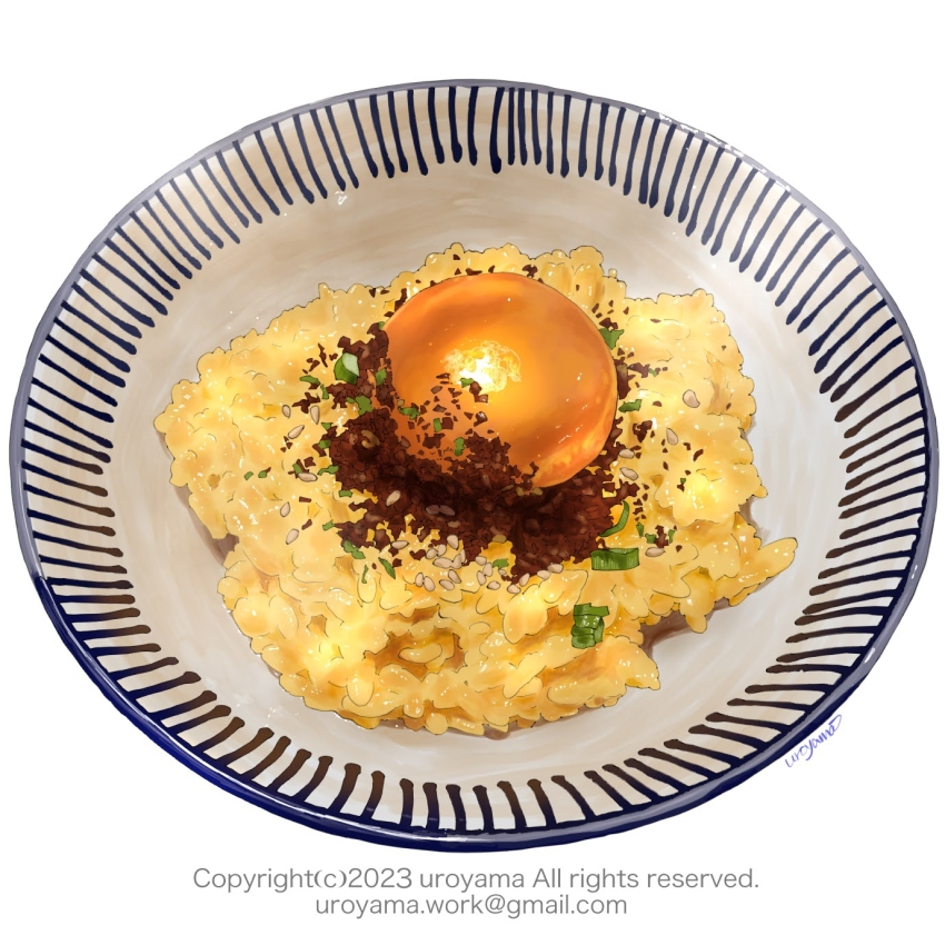 copyright_notice egg_(food) egg_yolk food food_focus highres no_humans original plate rice tamagokake_gohan uroyama_(macrophage)