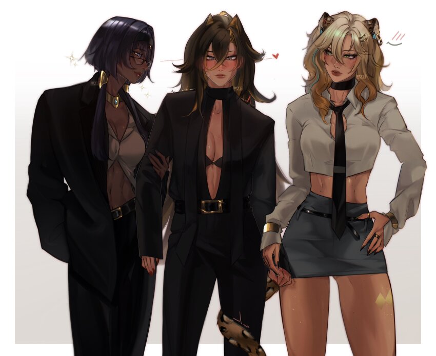 3girls absurdres animal_ears belt black_belt black_choker black_hair black_jacket black_nails blonde_hair blue_eyes blue_hair breasts candace_(genshin_impact) choker dark-skinned_female dark_skin dehya_(genshin_impact) eye_of_horus genshin_impact glasses hair_between_eyes heart highres jacket jaguar_ears jaguar_girl jaguar_tail jewelry lart_art1 long_hair looking_at_viewer midriff multicolored_hair multiple_girls red_lips red_nails ring shorts sparkle tail white_jacket xilonen_(genshin_impact)