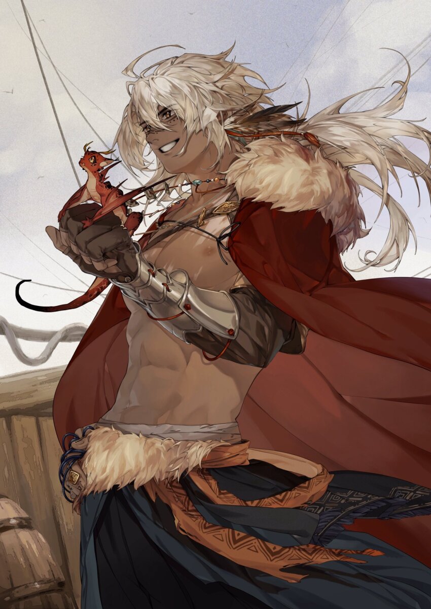 1boy armor bare_pectorals barrel bead_necklace beads black_pants blue_jacket blue_sky brown_gloves brown_hair cape character_request clothes_around_waist cloud commentary_request copyright_request dark-skinned_male dark_skin day dragon dragon_on_hand elbow_gloves facial_tattoo feather_hair_ornament feathers fingerless_gloves fur-trimmed_cape fur-trimmed_jacket fur_trim gloves greaves hair_lift hair_ornament highres jacket jacket_around_waist jewelry long_hair looking_ahead loose_hair_strand low_ponytail luc_oldgoat male_focus necklace nipples no_shirt open_mouth outdoors pants pectorals pirate_ship ponytail red_cape red_scales single_greave sky small_dragon smile solo strap tattoo teeth white_hair