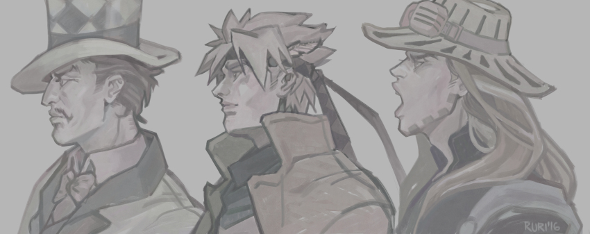 3boys absurdres adachi_ruri battle_tendency beard caesar_anthonio_zeppeli facial_hair facial_mark goggles goggles_on_headwear gyro_zeppeli hat headband highres jojo_no_kimyou_na_bouken long_hair male_focus multiple_boys mustache muted_color open_mouth phantom_blood profile steel_ball_run top_hat triangle_print will_anthonio_zeppeli