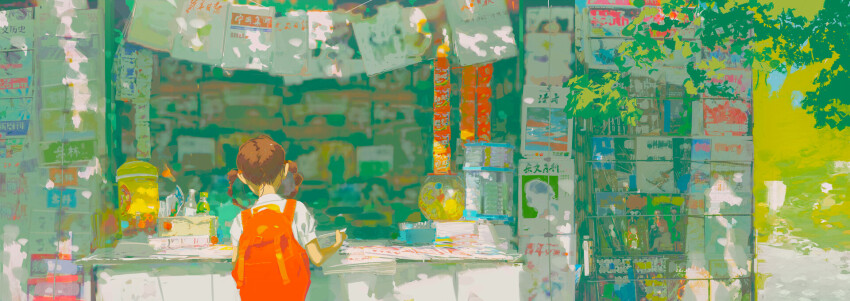 1girl backpack bag braid brown_hair child chinese_text dappled_sunlight day from_behind green_background green_theme highres holding holding_newspaper kiosk magazine_(object) newspaper original outdoors scenery school_uniform sheya_tin shirt shopping short_sleeves solo standing sunlight tree twin_braids