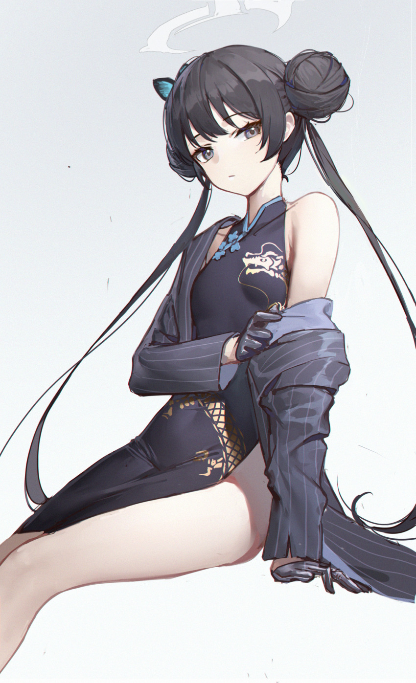 bare_legs bare_shoulders black_coat black_dress black_eyes black_gloves black_hair blue_archive breasts butterfly_hair_ornament china_dress chinese_clothes closed_mouth coat double_bun dress feet_out_of_frame gloves hair_bun hair_ornament halo highres kisaki_(blue_archive) long_hair long_sleeves looking_at_viewer off_shoulder open_clothes open_coat pelvic_curtain simple_background single_bare_shoulder sitting small_breasts soeyumi twintails very_long_hair white_background