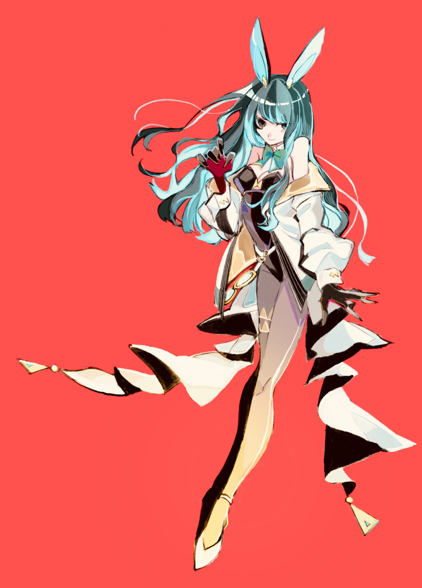 1girl absurdres animal_ears black_hair black_leotard blue_hair brown_pantyhose colored_inner_hair eyeliner fate/grand_order fate_(series) glowing_pupils gold_jacket grey_eyes highleg highleg_leotard highres jacket leotard looking_at_viewer makeup multicolored_hair multicolored_jacket multicolored_leotard pantyhose playboy_bunny rabbit_ears red_background smile solo ss5yzumizumi1 tenochtitlan_(fate) tenochtitlan_(swimsuit_mooncancer)_(fate) tenochtitlan_(swimsuit_mooncancer)_(third_ascension)_(fate) two-sided_gloves two-tone_jacket yellow_jacket