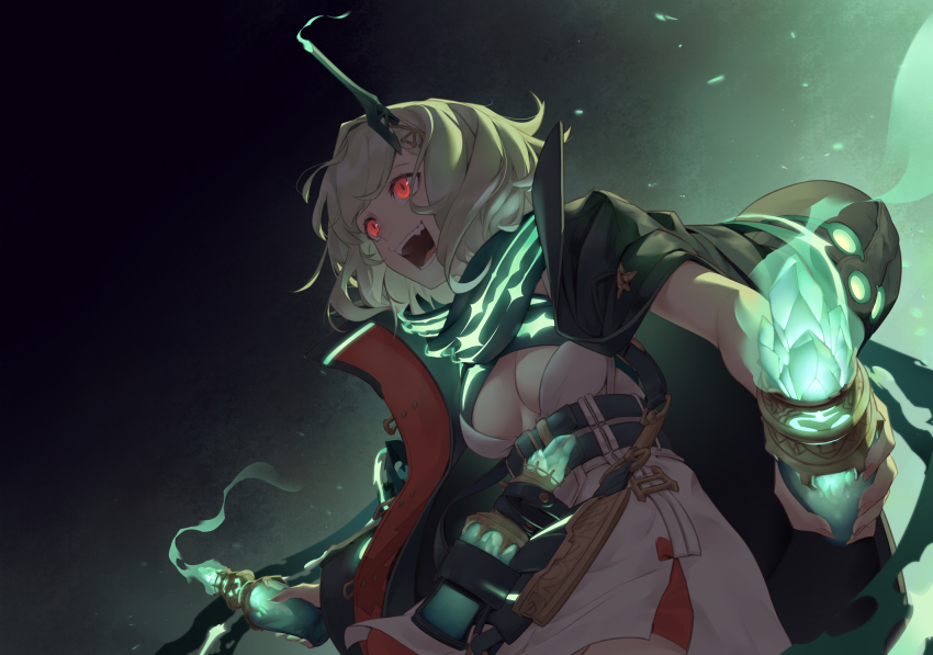 1girl breasts cleavage coat crazy_smile dress glowing glowing_eyes green_hair hair_ornament hairclip happy highres holding holding_weapon jacket kidy_(kidy_siow) little_match_girl_(sinoalice) open_mouth red_eyes sharp_teeth short_hair sinoalice smile teeth weapon white_dress