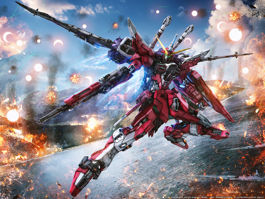 beam_rifle blue_sky clenched_hand cloud day destroyer energy_gun exhaust explosion flying green_eyes gun gundam gundam_seed gundam_seed_destiny highres holding holding_gun holding_weapon infinite_justice_gundam lake laser lolicon_(lolicon42051636) looking_at_viewer mecha mecha_focus military_vehicle mobile_suit mountainous_horizon no_humans outdoors photoshop_(medium) robot science_fiction ship sky smoke solo sparks v-fin warship water watercraft weapon