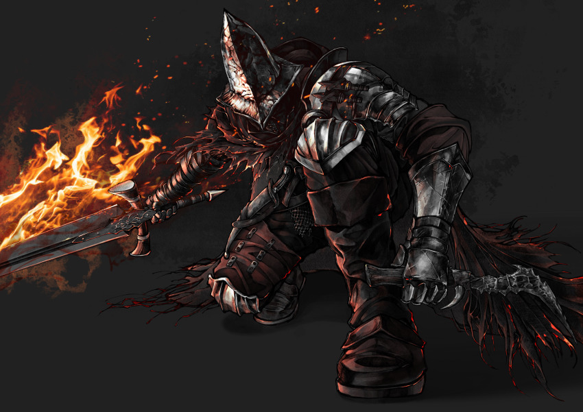 1other absurdres abyss_watcher armor asymmetrical_dual_wielding brown_cape brown_pants brown_shirt cape commentary dagger dark_souls_(series) dark_souls_iii dated_commentary dual_wielding embers fire flaming_sword flaming_weapon full_body gauntlets grey_background highres holding holding_dagger holding_knife holding_sword holding_weapon knife on_one_knee other_focus pants pauldrons pointy_hat reverse_grip shirt shoulder_armor solo sword torn_cape torn_clothes weapon xoo_(pixiv_100957810)