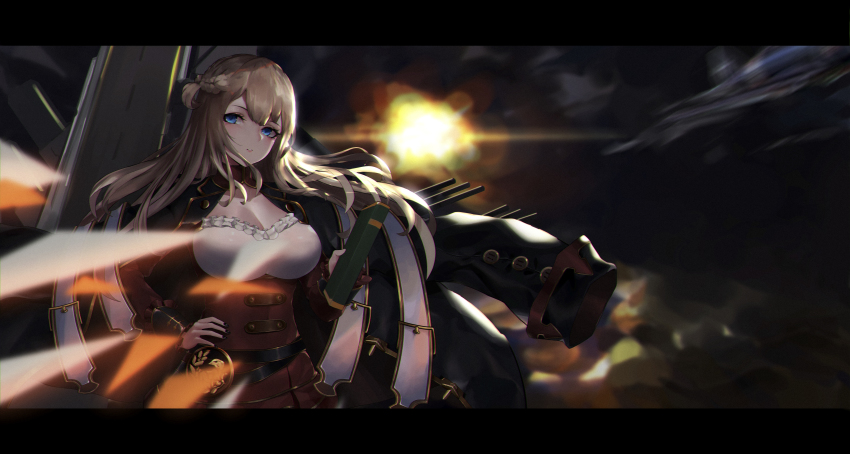 1girl absurdres aircraft airplane belt black_belt black_coat blue_eyes book braid breasts cannon coat coat_on_shoulders cowboy_shot dress french_braid highres holding holding_book huge_filesize impero_(warship_girls_r) large_breasts letterboxed light_brown_hair long_hair long_sleeves machinery outdoors red_dress ship_turret solo standing uybh warship_girls_r