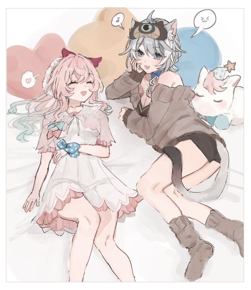 2girls :d animal_ears blue_eyes breasts brown_socks cat_ears cat_girl cat_tail cipher_(honkai:_star_rail) cipher_(sweet_slumber)_(honkai:_star_rail) cleavage closed_eyes grey_hair heart heart-shaped_pillow highres honkai:_star_rail honkai_(series) hyacine_(honkai:_star_rail) hyacine_(sweet_slumber)_(honkai:_star_rail) little_ica_(honkai:_star_rail) lying mask mask_on_head multicolored_hair multiple_girls musical_note on_back on_bed on_side open_mouth pillow pink_hair rekka_shinai scrunchie sleep_mask sleepwear smile socks spoken_expression spoken_heart spoken_musical_note tail two-tone_hair wrist_scrunchie