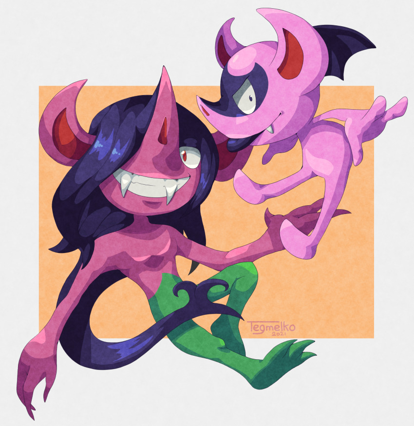 artist_name black_eyes border commentary evolutionary_line fang fang_out fangs gen_8_pokemon hair_over_one_eye highres impidimp long_hair looking_at_viewer morgrem nintendo no_humans orange_background pointy_nose pokemon pokemon_(creature) red_eyes signature tegmelko tongue tongue_out white_border