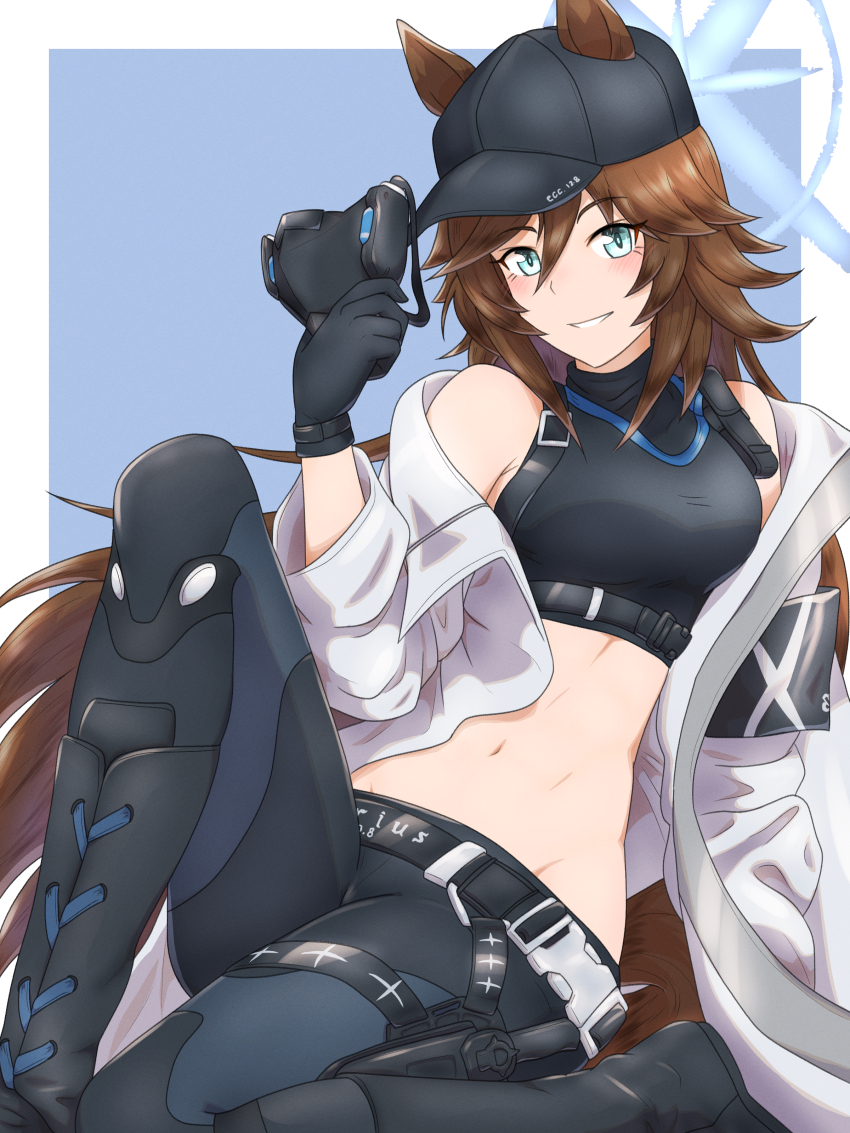 1girl absurdres animal_ears bare_shoulders baseball_cap black_gloves black_hat black_pants blue_archive blue_eyes brown_hair coat cosplay crop_top gloves grin hair_between_eyes hat highres holding horse_ears knee_up leggings long_hair looking_at_viewer midriff mr._c.b._(umamusume) navel off_shoulder open_clothes open_coat pants ribehachi saori_(blue_archive) saori_(blue_archive)_(cosplay) sitting smile solo stomach umamusume very_long_hair white_coat