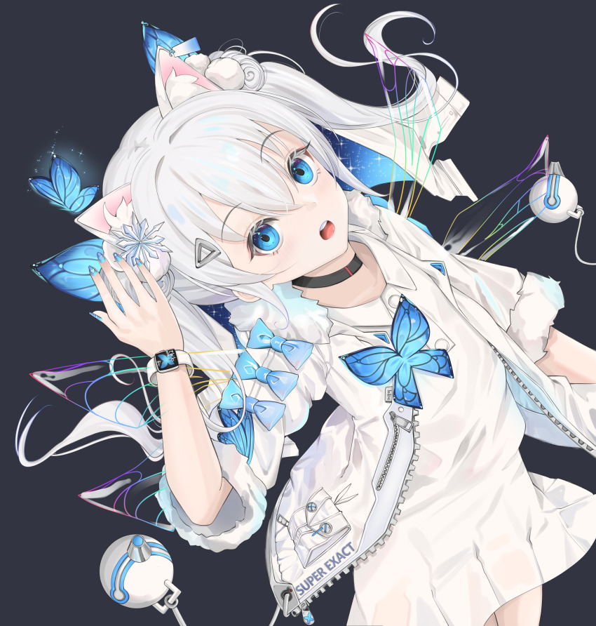 1girl :o absurdres animal_ear_fluff animal_ears black_choker blue_eyes blue_nails butterfly_hair_ornament child choker double_bun eomung fake_animal_ears fur-trimmed_jacket fur-trimmed_sleeves fur_trim goddess_of_victory:_nikke hair_between_eyes hair_bun hair_ornament highres hood hooded_jacket jacket looking_at_viewer n102_(miracle_fairy)_(nikke) n102_(nikke) nail_polish official_alternate_costume open_mouth pom_pom_(clothes) ribbon shoes short_sleeves short_twintails skirt sneakers solo twintails white_hair white_shoes white_skirt