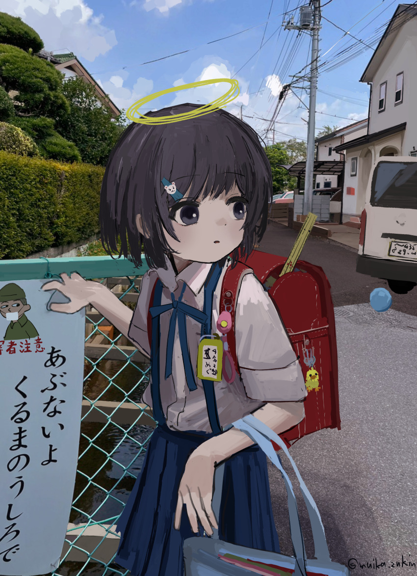 1girl absurdres backpack bag black_eyes black_hair blue_ribbon blue_skirt blue_sky car chain-link_fence cloud cloudy_sky collared_shirt cowboy_shot day dot_nose fence from_side hedge high-waist_skirt highres house long_bangs long_sleeves looking_to_the_side motor_vehicle name_tag neck_ribbon original outdoors parted_lips photo_background pleated_skirt power_lines randoseru ribbon road school_uniform shirt shirt_tucked_in sign skirt sky slice_of_life solo street suburb suspender_skirt suspenders tree twitter_username utility_pole walking wanigumo white_shirt