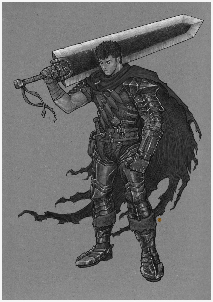 1boy absurdres armor berserk berserker_armor black_hair border chlorenology commentary dagger dragonslayer_(sword) english_commentary greyscale guts_(berserk) highres holding holding_sword holding_weapon huge_weapon knife looking_at_viewer male_focus monochrome muscular muscular_male short_hair solo sword weapon white_border
