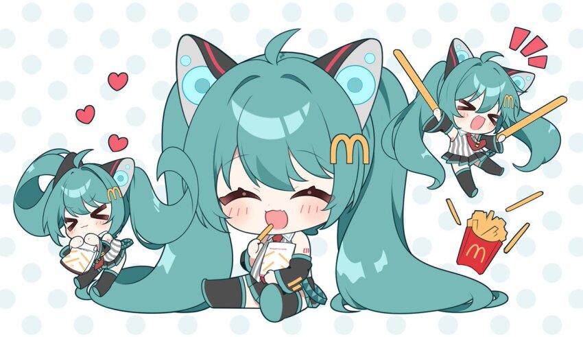 &gt;_&lt; 1girl :3 ^_^ ahoge animal_ears aqua_hair arm_tattoo bag blush boots cat_ears chibi chibi_only closed_eyes collared_shirt colored_shoe_soles detached_sleeves eating fang food french_fries hatsune_miku heart holding holding_bag holding_food logo_hair_ornament long_hair mcdonald&#039;s necktie number_tattoo open_mouth paper_bag pleated_skirt polka_dot polka_dot_background red_necktie shakacat shake_shake_fries shirt sitting skin_fang skirt sleeveless sleeveless_shirt smile solo striped_clothes striped_shirt tattoo thigh_boots tie_clip vertical-striped_clothes vertical-striped_shirt very_long_hair vocaloid yuni_(irohasuiroiro)