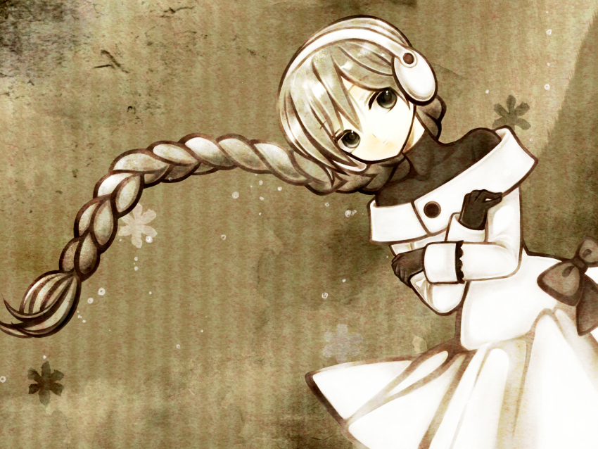 1girl bow braid brown_background brown_theme closed_mouth commentary_request crossed_arms dress expressionless gloves headphones highres long_hair long_sleeves monochrome off-shoulder_dress off_shoulder sekka_yufu sepia single_braid solo tsunoyomogi_amahashi turtleneck utau very_long_hair
