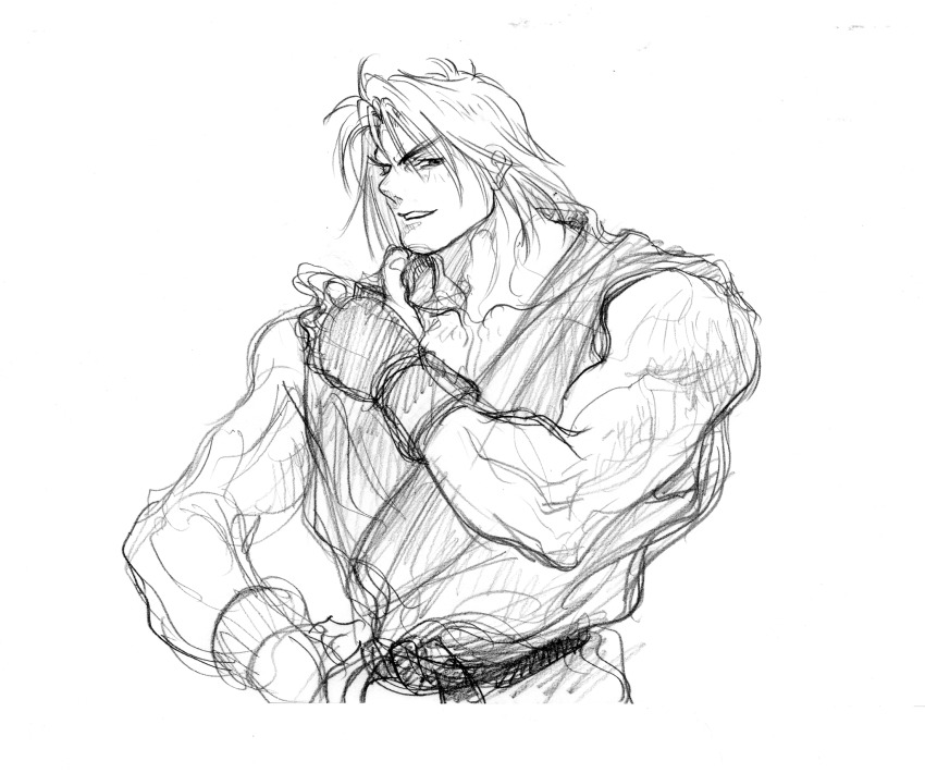 1boy dougi finger_to_own_chin fingerless_gloves game_cg gloves greyscale grin highres ken_masters looking_at_viewer male_focus martial_arts_belt mma_gloves monochrome nishimura_kinu non-web_source official_art smile solo street_fighter street_fighter_ii_(series) torn_clothes torn_sleeves