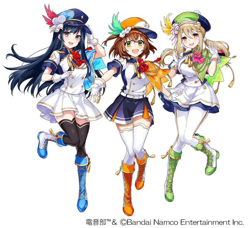 3girls :d aiguillette artist_collaboration artist_request belt beret black_thighhighs blonde_hair blue_capelet blue_footwear blue_hair blue_headwear blue_skirt blush boots breasts brown_eyes brown_hair capelet copyright_notice denonbu fingerless_gloves flower full_body gloves green_capelet green_eyes green_footwear hag_(hag_015) hair_between_eyes hair_ornament hairpin hand_on_headwear hand_up hands_up hat hat_feather hidaka_reina_(denonbu) kayano_futaba knee_boots lace-up_boots long_hair looking_at_viewer low_twintails medium_breasts mika_pikazo_(style) multiple_girls nervous official_alternate_costume official_art official_style open_mouth orange_boots orange_capelet outstretched_arm pantyhose peaked_cap pleated_skirt red_eyes shinonome_kazune short_hair short_sleeves skirt smile standing standing_on_one_leg thighhighs twintails white_background white_belt white_flower white_gloves white_pantyhose white_skirt white_thighhighs