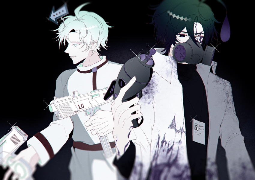 2boys arrow_(symbol) asymmetrical_dual_wielding black_background black_eyes black_sweater blurry bright_pupils chinese_commentary coat collared_coat colored_sclera commentary_request cracked_skin curtained_hair depth_of_field dual_wielding electric_peashooter energy_gun film_grain fingernails goo_peashooter gradient_hair green_hair grin gun hair_between_eyes heterochromia highres holding holding_gun holding_ray_gun holding_weapon long_sleeves looking_ahead male_focus mask mismatched_sclera multicolored_hair multiple_boys official_alternate_costume open_clothes open_coat pale_skin personification plants_vs._zombies plants_vs._zombies_2 poison profile purple_hair purple_pupils purple_sclera ray_gun respirator robe short_hair sign siiiiiiiiiii simple_background smile sparkle stained_clothes sweater two-tone_hair upper_body weapon white_coat white_eyes white_hair white_robe