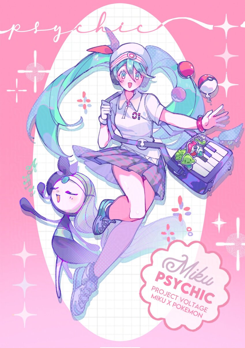 2girls :d aqua_eyes aqua_hair black_dress character_name closed_eyes collared_shirt dress full_body gen_5_pokemon gloves green_footwear green_hair grey_skirt hat hatsune_miku headphones highres legendary_pokemon long_hair looking_at_viewer meloetta meloetta_(aria) multiple_girls mythical_pokemon myun_(myun_art) nintendo open_mouth pink_background pleated_skirt poke_ball pokemon pokemon_(creature) project_voltage psychic_miku_(project_voltage) shirt short_sleeves simple_background single_glove skirt smile standing twintails vocaloid white_gloves white_hat white_shirt