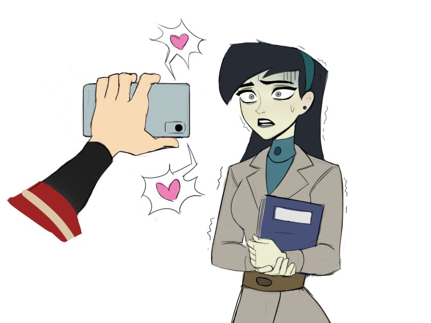 1boy 1girl amugea black_hair blackmail blue_shirt book cellphone colored_skin disembodied_hand grey_jacket grey_skin heart highres holding holding_book holding_phone jacket kim_possible_(series) long_hair official_alternate_costume open_mouth phone ron_stoppable shego shirt simple_background smartphone solo_focus speech_bubble teeth turtleneck turtleneck_shirt white_background