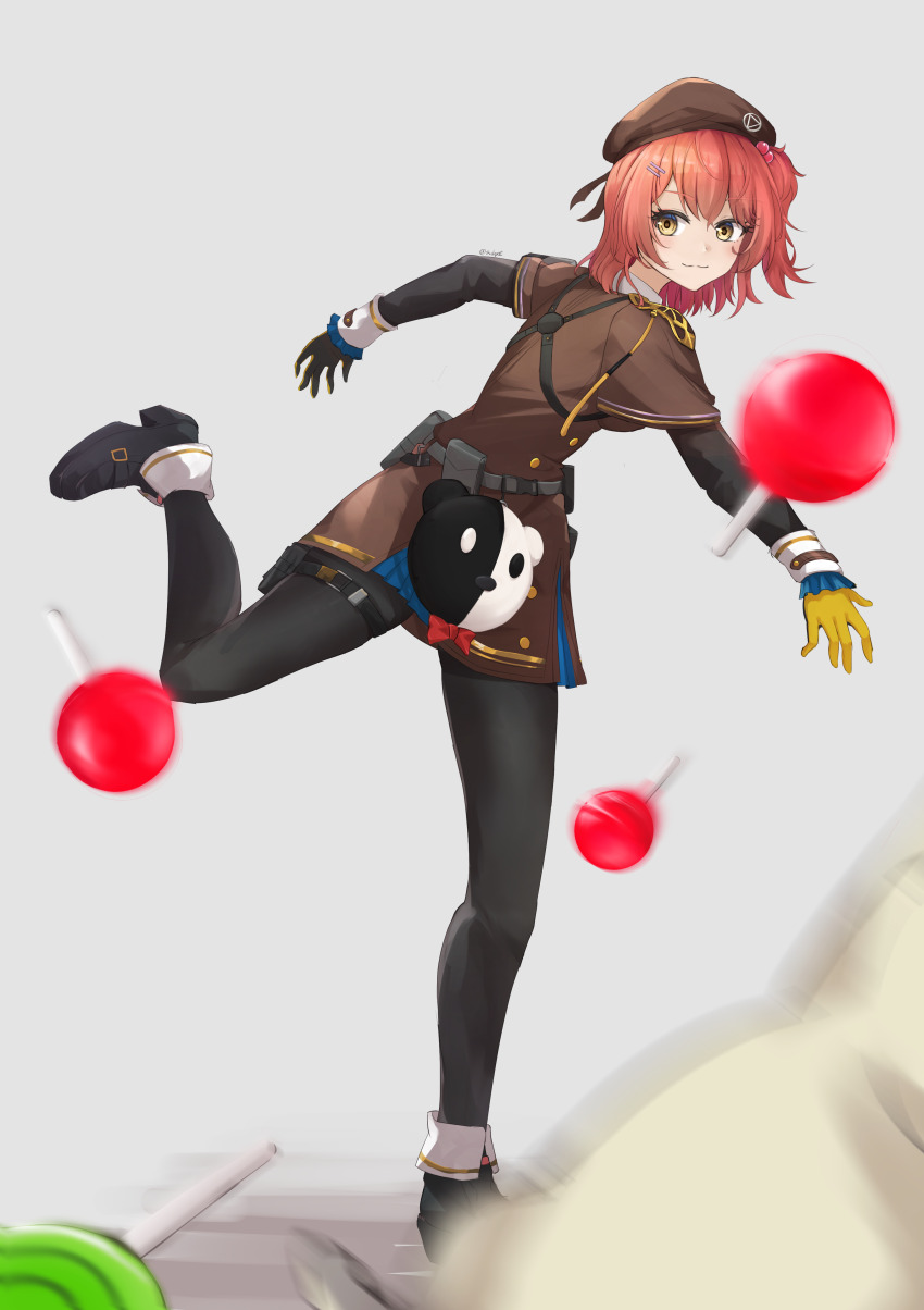 1girl :3 absurdres adopot beret blush brown_dress candy cheeta_(girls&#039;_frontline_2) dress food full_body girls&#039;_frontline girls&#039;_frontline_2:_exilium gloves hair_between_eyes hair_bobbles hair_ornament hairclip hat highres lollipop looking_at_viewer mp7_(girls&#039;_frontline) pantyhose red_hair side_ponytail solo standing standing_on_one_leg thighs throwing throwing_food yellow_eyes