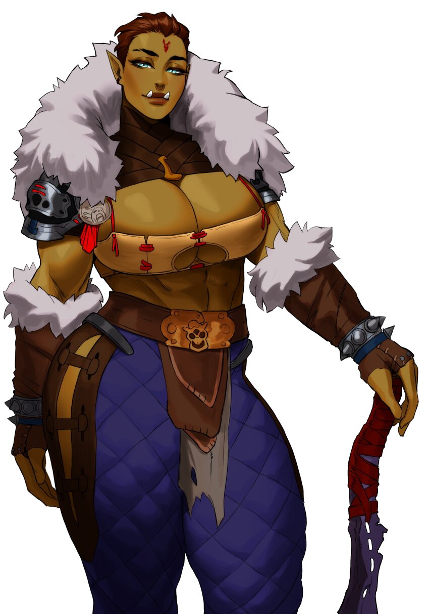 1girl abs absurdres blue_eyes blue_pants bracelet breasts brown_gloves brown_hair cleavage colored_skin female_orc fingerless_gloves gloves green_skin highres jewelry large_breasts looking_at_viewer narrowed_eyes orc original pants pointy_ears short_hair simple_background solo sotcho spiked_bracelet spikes tusks warrior white_background