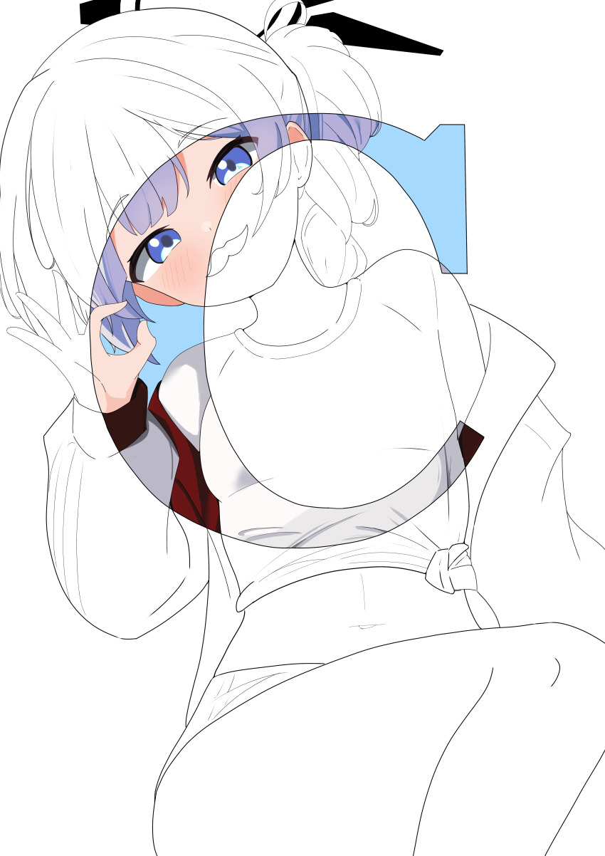 1girl absurdres blue_archive blue_eyes blue_hair blush braid chanshiyu cherino_(blue_archive) commentary_request covered_mouth fake_facial_hair fake_mustache halo highres jacket long_hair long_sleeves midriff navel off_shoulder ok_sign open_clothes partially_colored red_jacket shirt single_braid solo very_long_hair white_jacket white_shirt