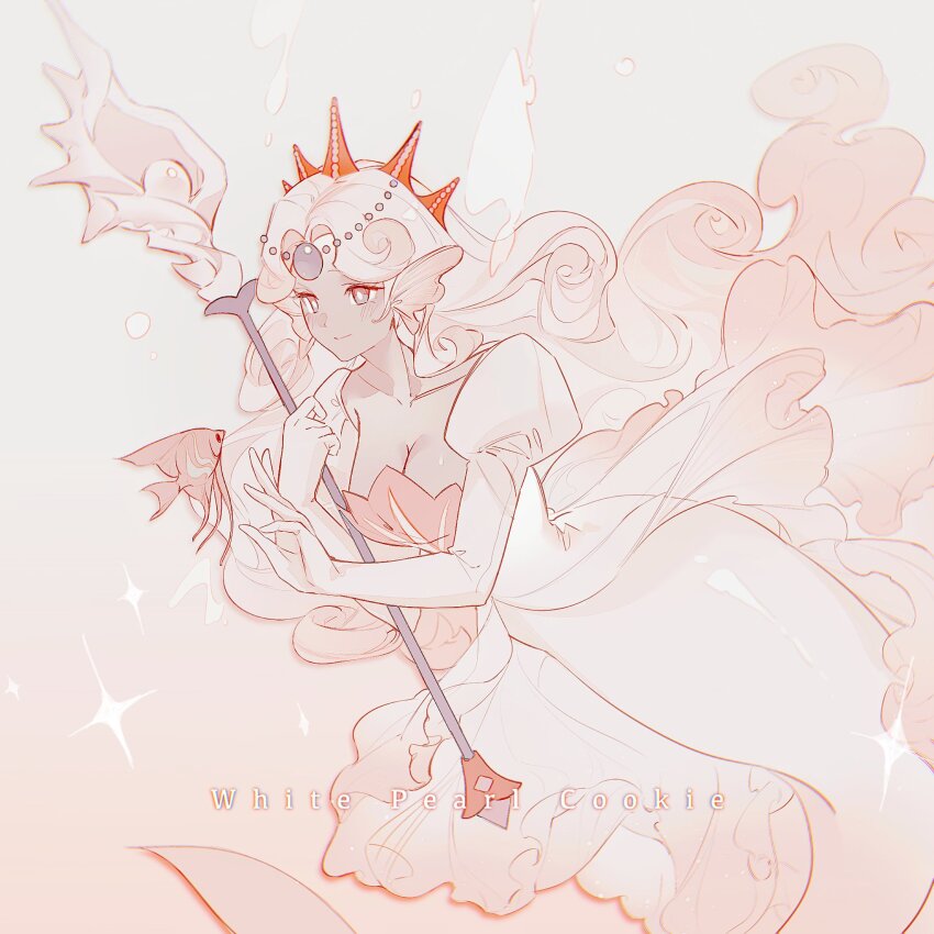 1girl black_pearl_cookie blush breasts cloud_hair cookie_run cookie_run:_kingdom coral_hair_ornament detached_sleeves fins fish gem gloved_sleeves hair_ornament head_fins highres holding holding_staff humanization light_persona long_hair long_sleeves looking_ahead mermaid monster_girl pastel_colors pearl_(gemstone) pearl_hair_ornament pink_eyes pink_hair puffy_sleeves senlly_2507 simple_background smile solo staff wavy_hair white_background white_pearl_cookie white_sleeves