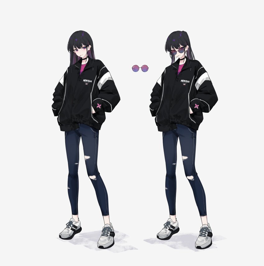 1girl absurdres black_choker black_hair black_jacket blue_pupils choker closed_mouth colored_inner_hair commentary denim english_commentary feint721 hands_in_pockets highres jacket jeans lollipop_in_mouth long_hair looking_at_viewer multicolored_hair multiple_views original pants pink_shirt purple-tinted_eyewear purple_eyes purple_hair round_eyewear shirt shoes smile sneakers star-shaped_pupils star_(symbol) sunglasses symbol-shaped_pupils tinted_eyewear torn_clothes torn_jeans torn_pants white_shoes