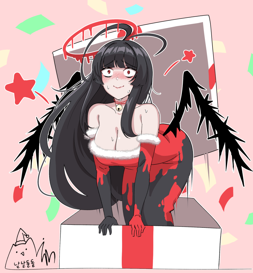 1girl 3: alternate_costume antenna_hair arm_support bare_shoulders bell bent_over black_hair black_wings blue_archive blunt_bangs blush box breasts choker cleavage collarbone commentary_request dress elbow_gloves embarrassed gift gift_box gloves halo highres in_box in_container large_breasts long_hair looking_at_viewer majinmallow neck_bell nervous_sweating red_choker red_eyes sidelocks simple_background sleeveless sleeveless_dress solo strapless strapless_dress surprised sweat tsurugi_(blue_archive) two-tone_dress wavy_mouth wings