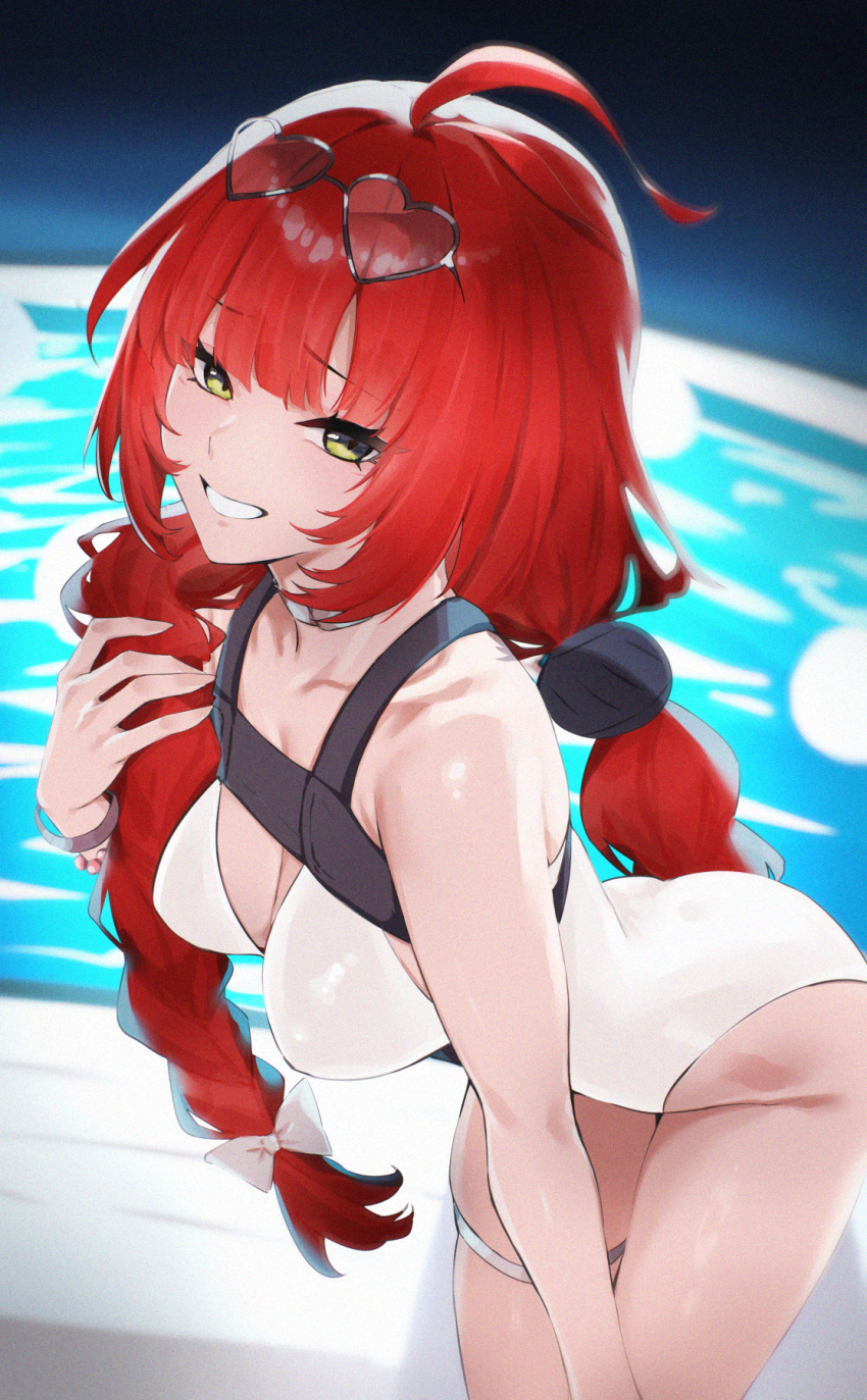 1girl ahoge ass bent_over braid breasts chest_harness choker cleavage ei_(eiei_e1) eyewear_on_head grin hair_intakes harness heart heart-shaped_eyewear highres holding holding_own_hair large_breasts light_blush looking_at_viewer one-piece_swimsuit paid_reward_available pool red_hair skindentation smile swimsuit thigh_strap twin_braids ukinami_yuzuha white_one-piece_swimsuit yellow_eyes zenless_zone_zero