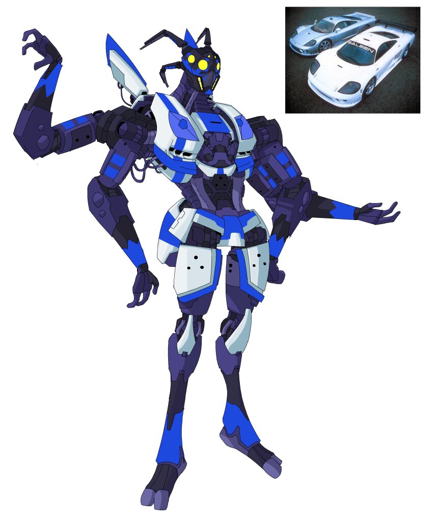 absurdres car commentary deadend17j english_commentary extra_arms extra_eyes highres jazz_(transformers) mecha mecha_focus motor_vehicle no_humans redesign reference_inset robot saleen saleen_s7 science_fiction spoiler_(automobile) sports_car transformers yellow_eyes
