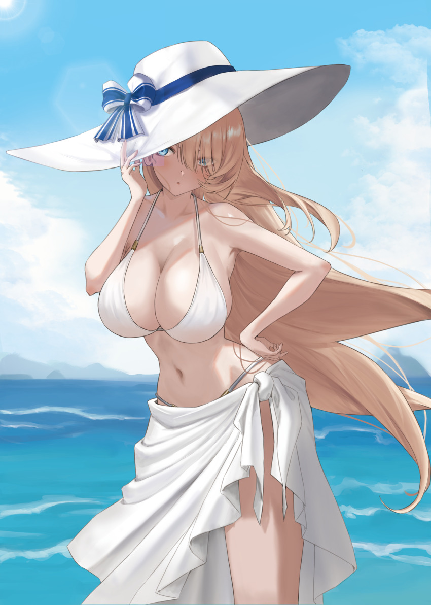 1girl absurdres bikini blonde_hair blue_eyes blush bow breasts brown_dust_(series) brown_dust_2 collarbone hair_over_one_eye hand_on_own_hip hand_up hat hat_bow highres large_breasts long_hair looking_at_viewer navel ocean ppupdeo solo stomach sun_hat swimsuit white_bikini wilhelmina_(brown_dust)