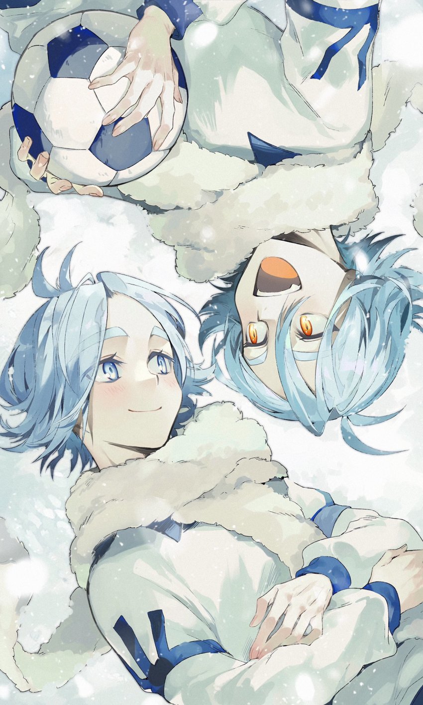 2boys antenna_hair ball blue_eyes blue_hair blush closed_mouth eyes_visible_through_hair fingernails fubuki_atsuya fubuki_shirou fur_scarf grey_scarf hair_between_eyes highres holding holding_ball inazuma_eleven inazuma_eleven_(series) light_blue_hair looking_at_another lying male_focus multiple_boys on_back open_mouth orange_eyes outdoors remon_(10112) scarf smile snow snowing soccer_ball teeth upper_teeth_only