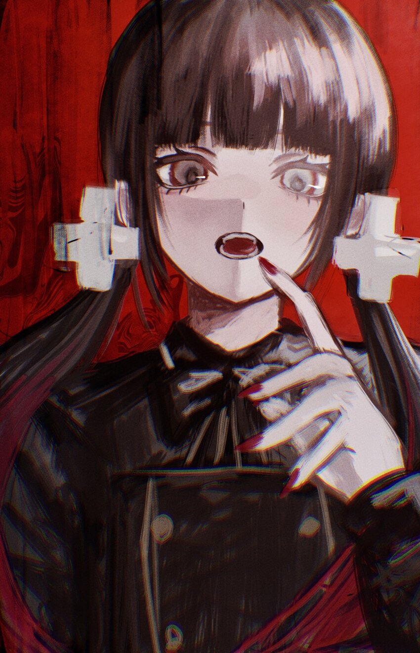 black_coat black_hair black_ribbon blunt_bangs character_request coat commentary copyright_request cross_hair_ornament fingernails hair_ornament heterochromia highres long_fingernails long_hair nail_polish open_mouth red_background red_nails ribbon shi_ge_xu sidelocks symbol-only_commentary teeth tongue twintails upper_body
