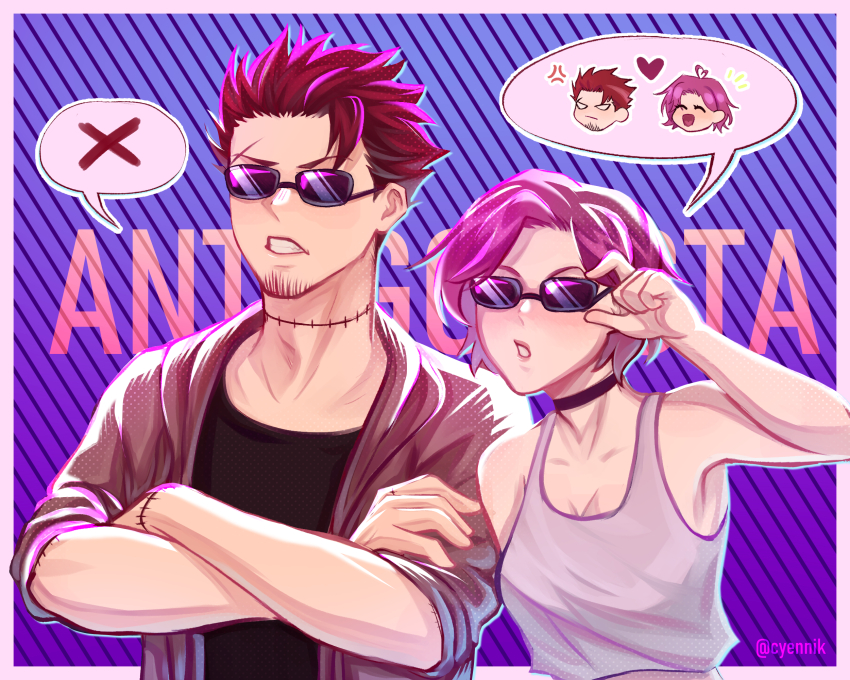 1boy 1girl adjusting_eyewear anger_vein antagonista arm_tattoo black_choker breasts choker cleavage clenched_teeth commentary copyright_name crossed_arms cyennik diagonal-striped_background dotted_line english_commentary grey_tank_top heart highres neck_tattoo pink_hair red_hair short_hair striped_background sunglasses tago_(antagonista) tania_(antagonista) tank_top tattoo teeth twitter_username