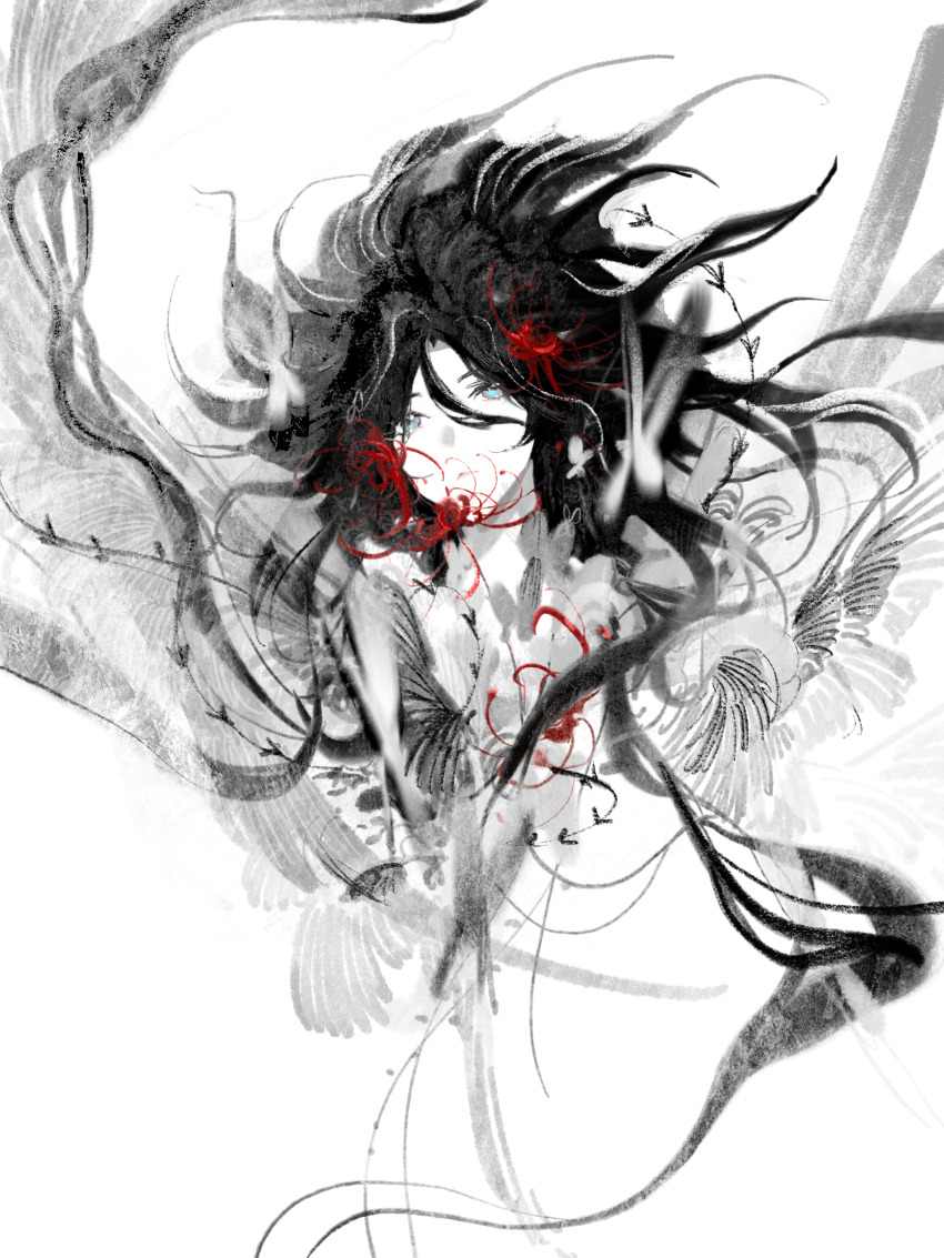 1boy absurdres black_hair blending blue_eyes bug butterfly expressionless flower greyscale hades_(saint_seiya) highres insect long_hair looking_at_viewer male_focus monochrome red_flower saint_seiya snowflake_(diodarja) solo spider_lily spot_color