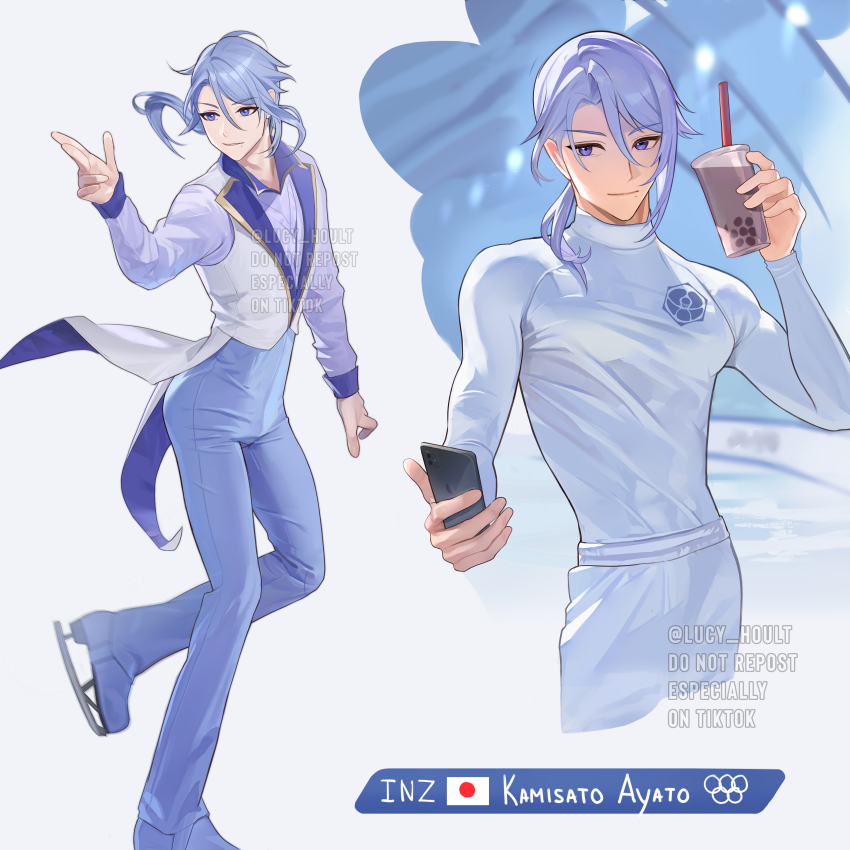 1boy absurdres alternate_costume apple_inc. arm_at_side artist_name asymmetrical_hair asymmetrical_sidelocks backlighting bishounen blue_eyes blue_hair blue_pants blue_shirt blurry blurry_background bubble_tea cellphone character_name closed_mouth coat collared_shirt commentary contrapposto covered_abs cowboy_shot drink drinking_straw english_commentary figure_skating finger_gun full_body genshin_impact gold_trim hair_between_eyes hair_flaps hair_over_shoulder hand_up highres holding holding_drink holding_phone ice_skates ice_skating indoors iphone japanese_flag kamisato_ayato lapels long_sleeves lu_luu99 male_focus medium_hair mole mole_under_mouth motion_blur multiple_views olympic_rings olympics outstretched_arm pants parted_lips phone ponytail popped_collar selfie shirt sidelocks simple_background single_hair_intake skates skating skating_rink sleeve_cuffs sleeveless sleeveless_coat smartphone smile tailcoat taking_picture tight_clothes toned toned_male twitter_username watermark white_background white_coat white_pants white_shirt