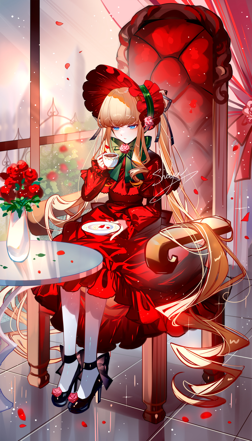 1girl absurdres black_shoes blonde_hair blue_eyes bonnet cup dress flower high_heels highres holding holding_cup long_hair long_sleeves pantyhose petals red_dress red_flower red_rose rose rozen_maiden sheya shinku shoes sitting solo very_long_hair white_pantyhose