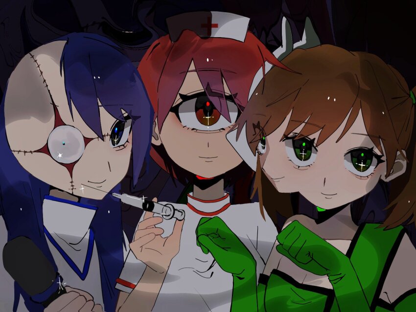 3girls black_background blue_eyes blue_hair brown_hair cross_scar cyclops gloves green_eyes green_gloves hashtag-only_commentary hat highres holding holding_microphone holding_syringe ichigou_(ikigusare) ikigusare long_hair looking_at_viewer microphone mimeme_756 missing_ear monster_girl multiple_faces multiple_girls extra_mouth nigou_(ikigusare) nurse nurse_cap one-eyed red_eyes sangou_(ikigusare) scar short_hair short_twintails smile sparkle stitched_face stitches syringe twintails
