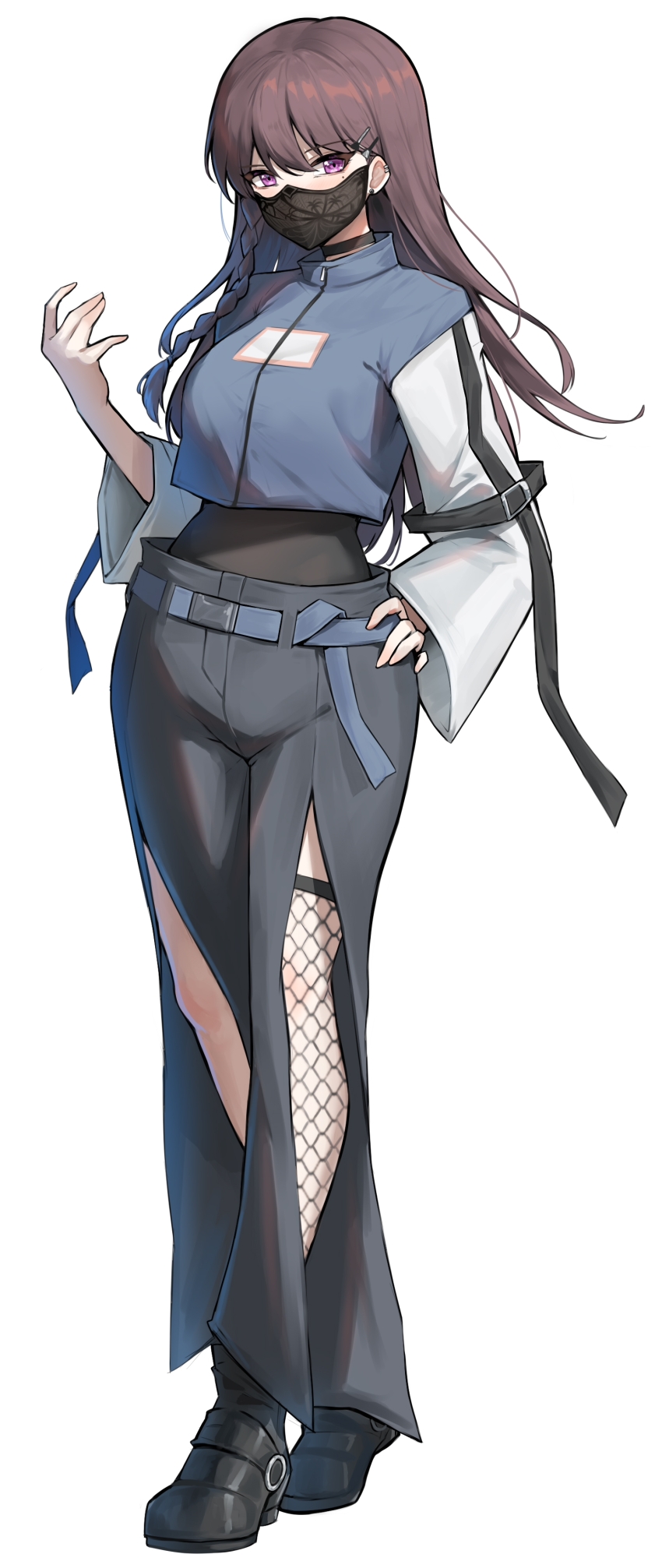 1girl absurdres bang_dream! bang_dream!_it&#039;s_mygo!!!!! black_boots black_choker black_mask blue_eyes blue_jacket boots borrowed_accessory braid brown_hair capelet chinese_commentary choker closed_mouth commentary_request fishnet_thighhighs fishnets full_body hair_ornament hairclip hand_on_own_hip highres jacket long_hair looking_at_viewer mole mole_under_eye purple_eyes red_capelet shiina_taki side_braid simple_background single_thighhigh solo thighhighs timoris_(bang_dream!) unique_(pixiv12704744) white_background yahata_umiri