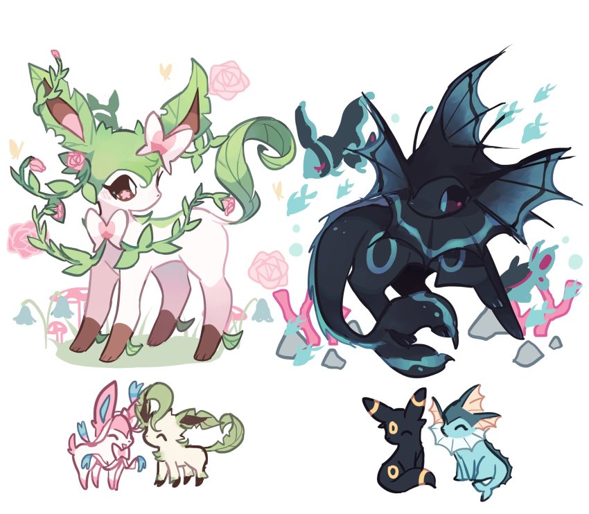 brown_eyes charamells commentary english_commentary fusion gen_1_pokemon gen_2_pokemon gen_4_pokemon gen_6_pokemon grass highres leafeon looking_back nintendo no_humans pokemon pokemon_(creature) standing sylveon toes umbreon vaporeon