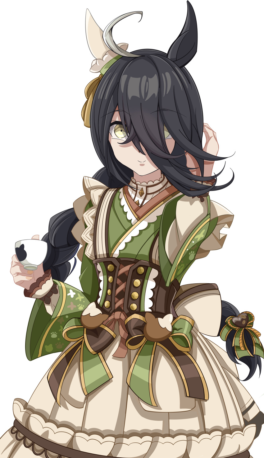 1girl absurdres ahoge animal_ears black_hair bow brown_corset closed_mouth corset dress ear_covers ear_ribbon green_bow green_dress green_ribbon grey_hair hair_between_eyes hair_bow hand_up highres long_bangs long_hair long_hair_between_eyes long_sleeves looking_at_viewer low-braided_long_hair low-tied_long_hair manhattan_cafe_(umamusume) manhattan_cafe_(verdant_night)_(umamusume) multicolored_hair ribbon simple_background single_ear_cover solo umamusume very_long_hair white_background xiaofeng yellow_eyes