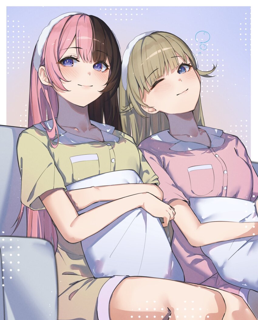 2girls alternate_costume blue_eyes blunt_bangs brown_hair cattleya_regina_games collarbone couch green_hair hairband hanabusa_lisa highres hugging_object iris_black_games leaning_on_person light_blush light_smile long_hair multicolored_hair multiple_girls one_eye_closed pajamas parted_bangs pillow pillow_hug pink_hair pointy_hair ringozeri short_sleeves shorts sitting split-color_hair squeans tachibana_hinano two-tone_hair virtual_youtuber vspo!