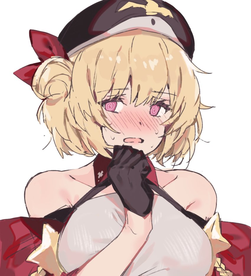 1girl aogisa azur_lane bare_shoulders beret black_gloves blonde_hair blush breasts character_request copyright_request gloves hair_ornament hair_ribbon hand_up hat highres leipzig_(azur_lane) leipzig_(retrofit)_(azur_lane) looking_at_viewer medium_hair open_mouth purple_eyes red_ribbon ribbon simple_background single_glove solo sweatdrop white_background